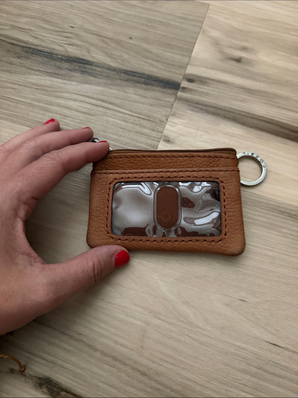 Fossil Tan Leather Zip Card Pouch with Key Ring - Picture 2 of 3